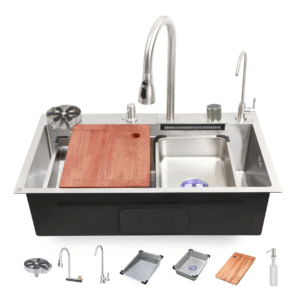 Nano Silver 304-Grade Smart Kitchen Sink with Integrated Waterfall, Pull-Out & RO Faucet (30 x 18 x 9 Inches)