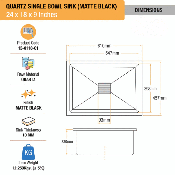 Matte Black Quartz Single Bowl Kitchen Sink (24 x 18 x 9 inches) - Image 2
