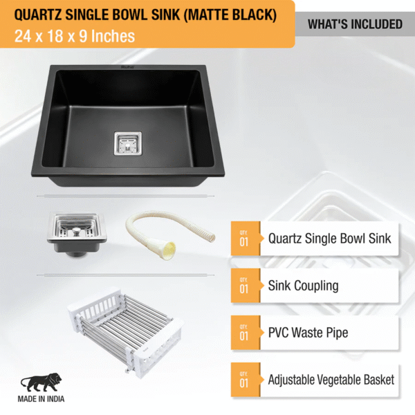 Matte Black Quartz Single Bowl Kitchen Sink (24 x 18 x 9 inches) - Image 3