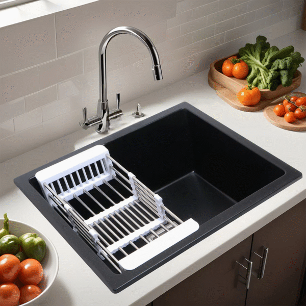 Matte Black Quartz Single Bowl Kitchen Sink (24 x 18 x 9 inches) - Image 4