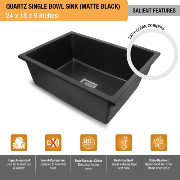 Matte Black Quartz Single Bowl Kitchen Sink (24 x 18 x 9 inches) - Image 5