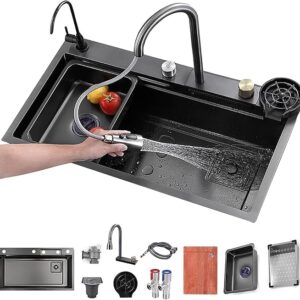 Black Nano Waterfall Kitchen Sink with Anti Scratch Honeycomb Design Integrated Waterfall, Pull-down Faucet with Purifier, Dustbin & Fruit Basket (37X18X9 Inches)