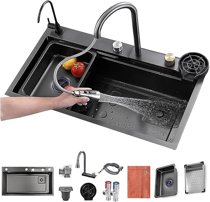 Black Nano Waterfall Kitchen Sink with Anti Scratch Honeycomb Design Integrated Waterfall, Pull-down Faucet with Purifier, Dustbin & Fruit Basket (37X18X9 Inches)