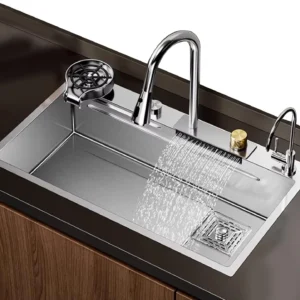 Silver Waterfall Kitchen Sink with Integrated Honeycomb Design Single Bowl Multifunction Stainless Steel Sink (30X18X9 Inches)