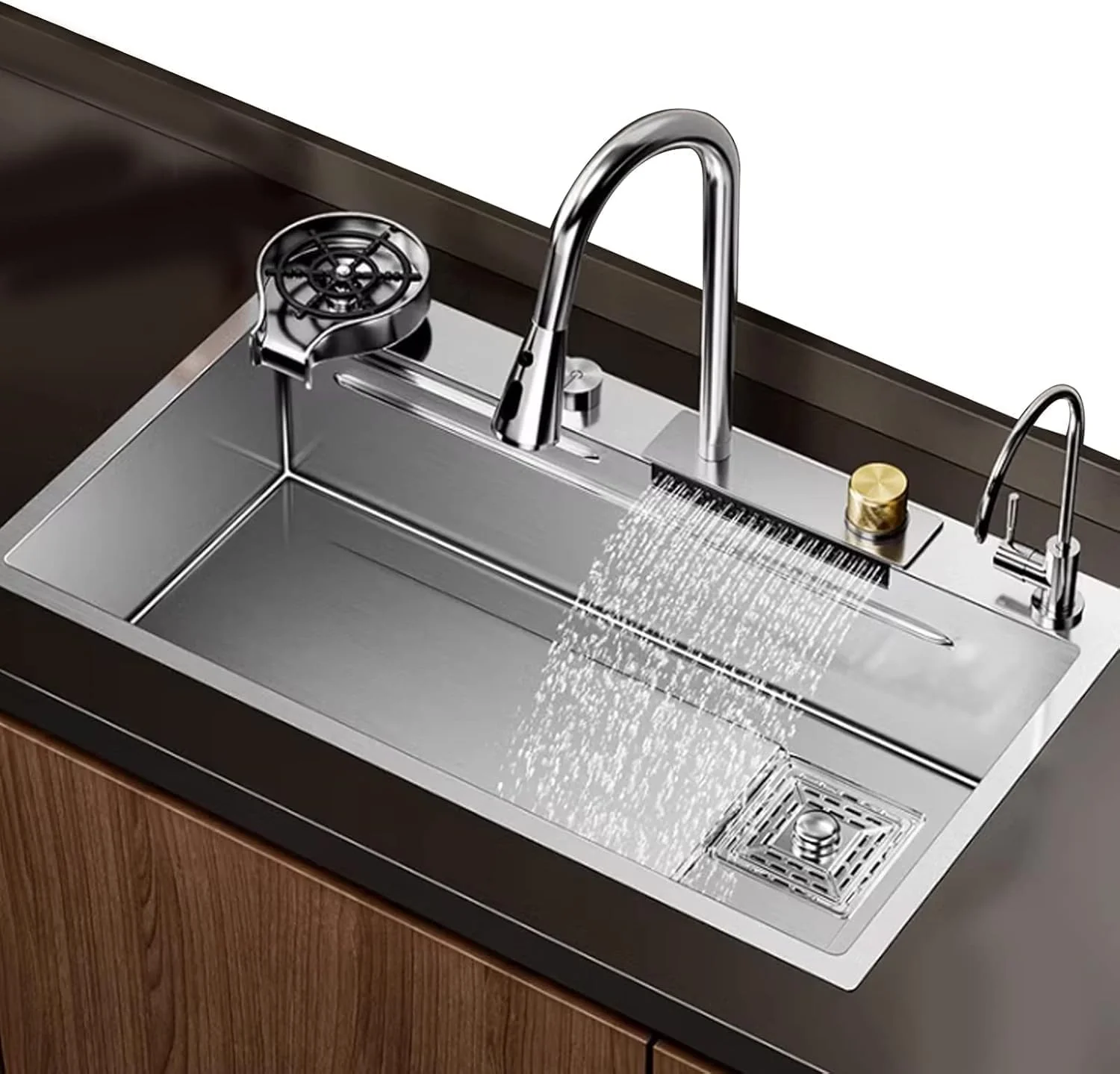 Silver Waterfall Kitchen Sink with Integrated Honeycomb Design Single Bowl Multifunction Stainless Steel Sink (30X18X9 Inches)