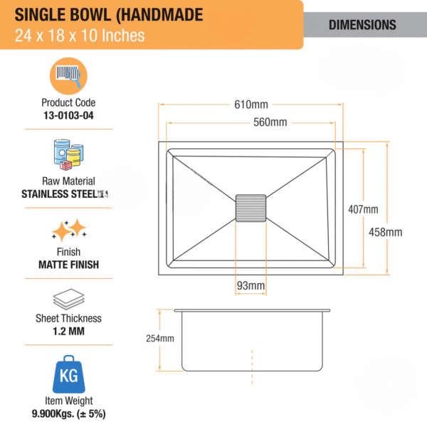 Handmade Single Bowl 304-Grade Kitchen Sink (24 x 18 x 10 Inches) - Image 2