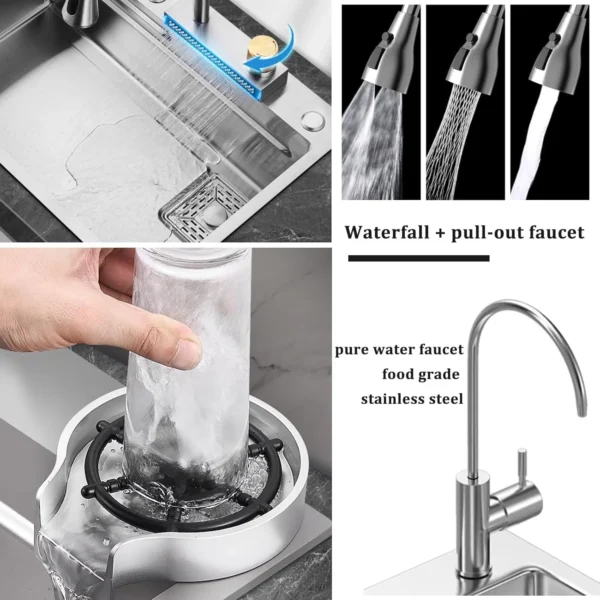 Silver Waterfall Kitchen Sink with Integrated Honeycomb Design Single Bowl Multifunction Stainless Steel Sink (30X18X9 Inches) - Image 2