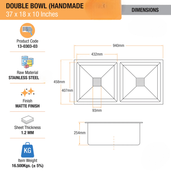 Handmade Double Bowl  Kitchen Sink (37 x 18 x 10 Inches) - Image 2