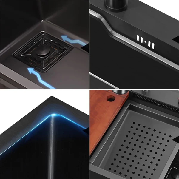 Black Nano Waterfall Kitchen Sink with Anti Scratch Honeycomb Design Integrated Waterfall, Pull-down Faucet with Purifier, Dustbin & Fruit Basket (37X18X9 Inches) - Image 2
