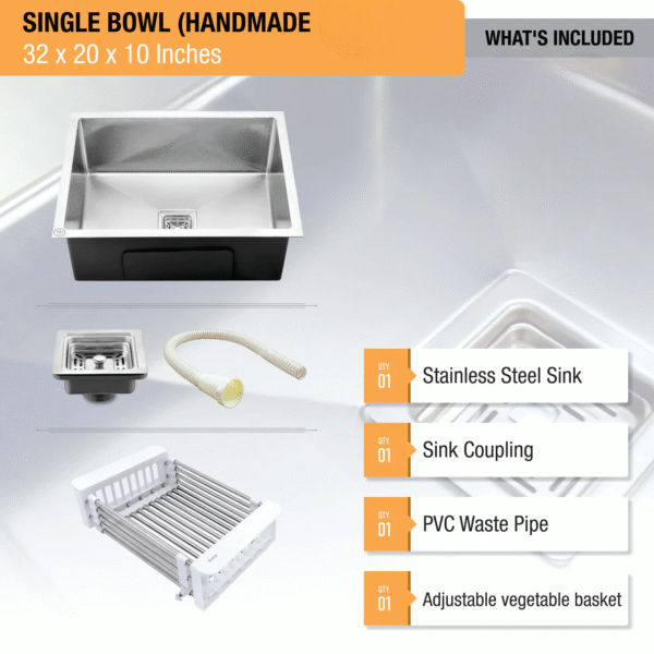 Handmade Single Bowl  Kitchen Sink (32 x 20 x 10 Inches) - Image 5