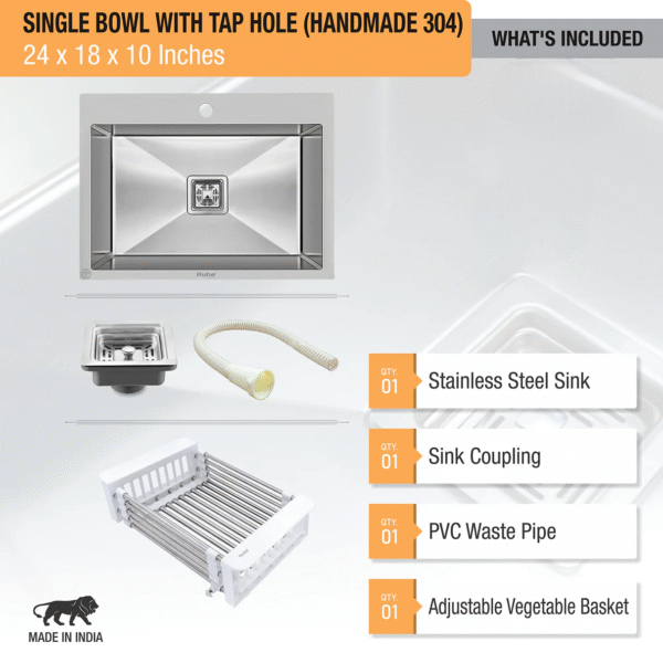 Handmade Single Bowl 304-Grade Kitchen Sink with Tap Hole (24 x 18 x 10 Inches) - Image 3