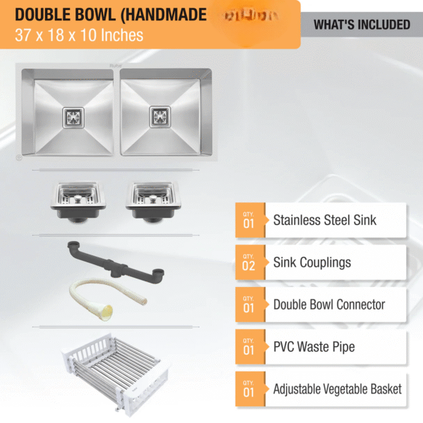 Handmade Double Bowl  Kitchen Sink (37 x 18 x 10 Inches) - Image 4