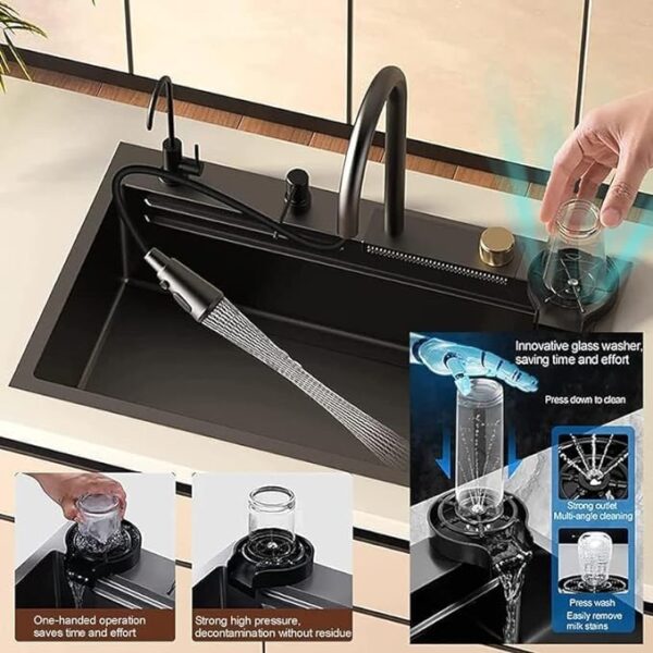 Black Nano Waterfall Kitchen Sink with Anti Scratch Honeycomb Design Integrated Waterfall, Pull-down Faucet with Purifier, Dustbin & Fruit Basket (37X18X9 Inches) - Image 6