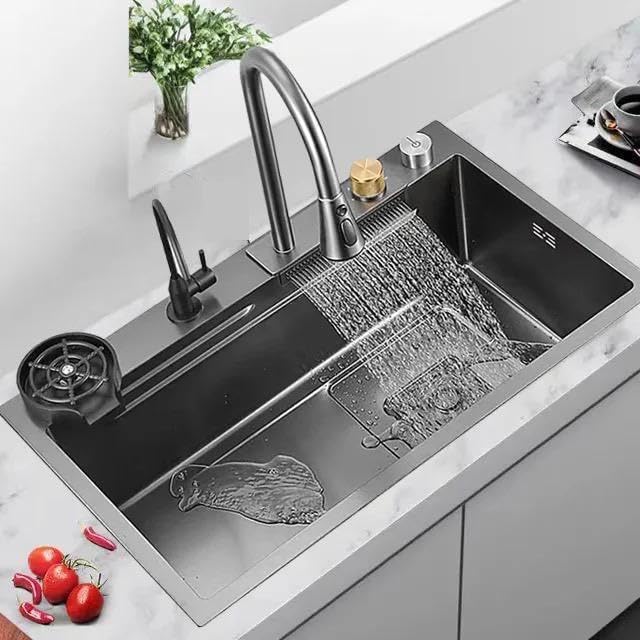 ARQUIN Premium  30x18x10 inch Kitchen Sink with ANTI SCRATCH HONEYCOMB DESIGN Integrated Waterfall and Pull-down Faucet, Stainless Steel Sink For Kitchen