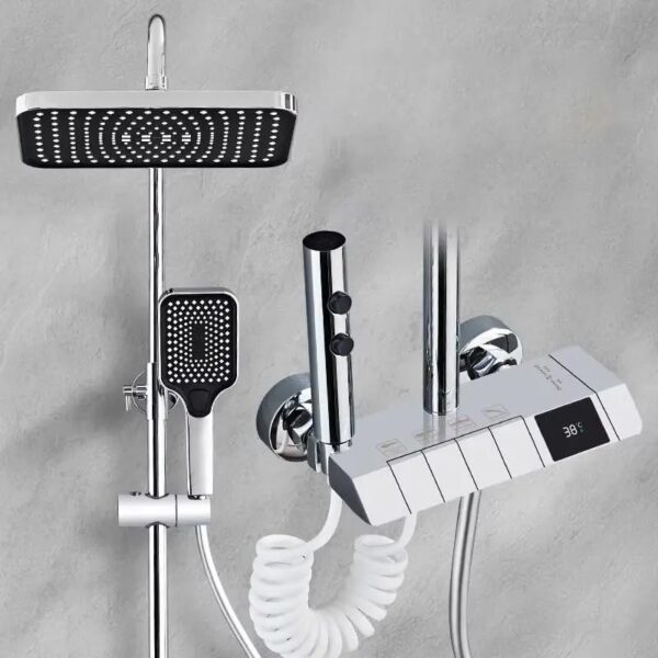 hermostatic Shower Set with Piano Switches Shower Panel with Head Shower Hand Shower Bidet Gun Temperature Display (Chrome)