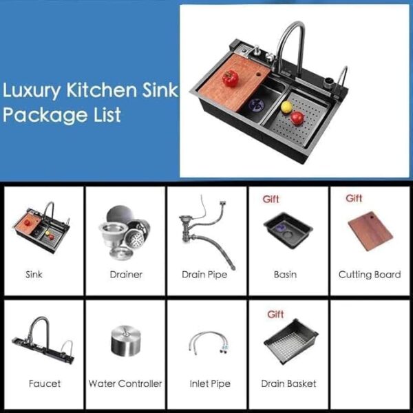 30 x 18 x 9 Fully Equipped Piano Kitchen Sink with Dual Flow Integrated Waterfall Pull-Down Faucets Stainless Steel Nano Black Finish Sink with LED Panel Digital Display - Image 5