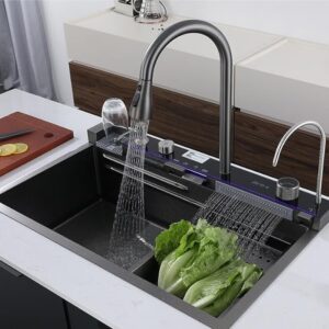30 x18 x 9 inch Kitchen Sink with ANTI SCRATCH HONEYCOMB DESIGN Integrated Waterfall and Pull-down Faucet Set/Stainless Steel Basin Sinks with Cup washer and Drain Baskets