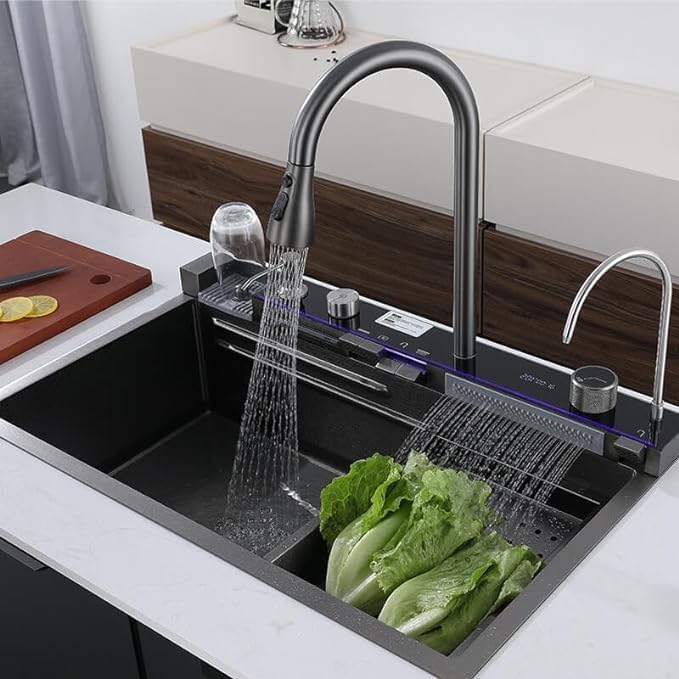 30 x18 x 9 inch Kitchen Sink with ANTI SCRATCH HONEYCOMB DESIGN Integrated Waterfall and Pull-down Faucet Set/Stainless Steel Basin Sinks with Cup washer and Drain Baskets