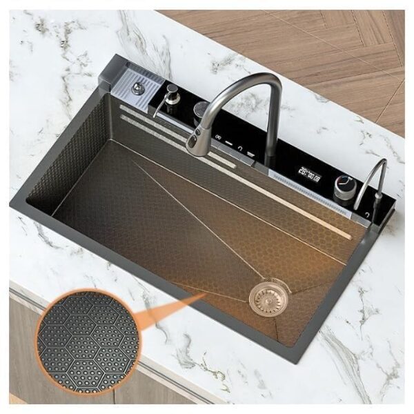 30 x 18 x 9 Fully Equipped Piano Kitchen Sink with Dual Flow Integrated Waterfall Pull-Down Faucets Stainless Steel Nano Black Finish Sink with LED Panel Digital Display - Image 6