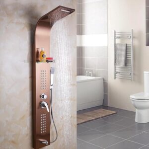 Stainless Steel  Shower Panel 5 in 1 Tower System with Waterfall, Rainfall Shower, Body Massage Spray, SS Handheld Shower, and Glass Shelf Rose Gold Color