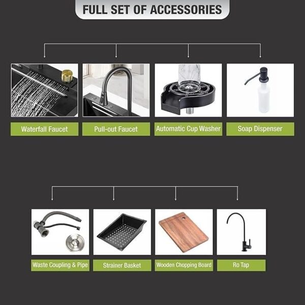 24 X 18 X 9 Waterfall Kitchen Sink Integrated Honeycomb Design  With Black Matt Finish Single Bowl Multifunctional Sink For Kitchen - Image 4