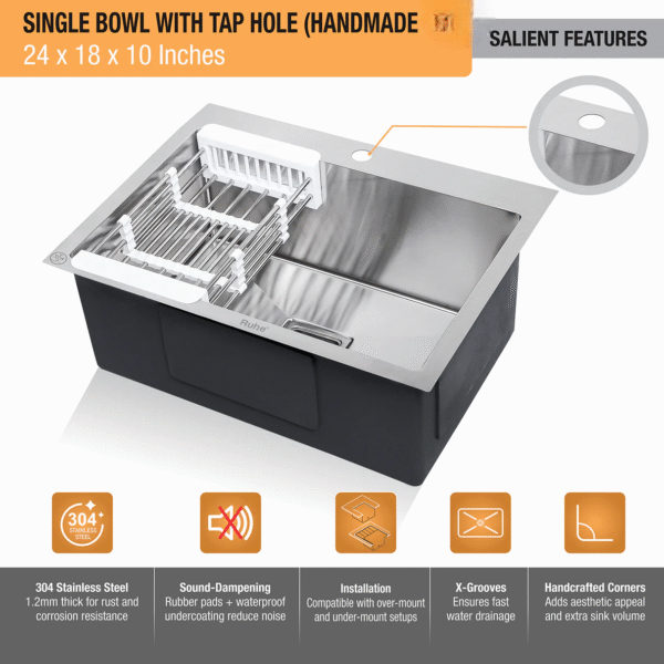 Handmade Single Bowl 304-Grade Kitchen Sink with Tap Hole (24 x 18 x 10 Inches) - Image 2