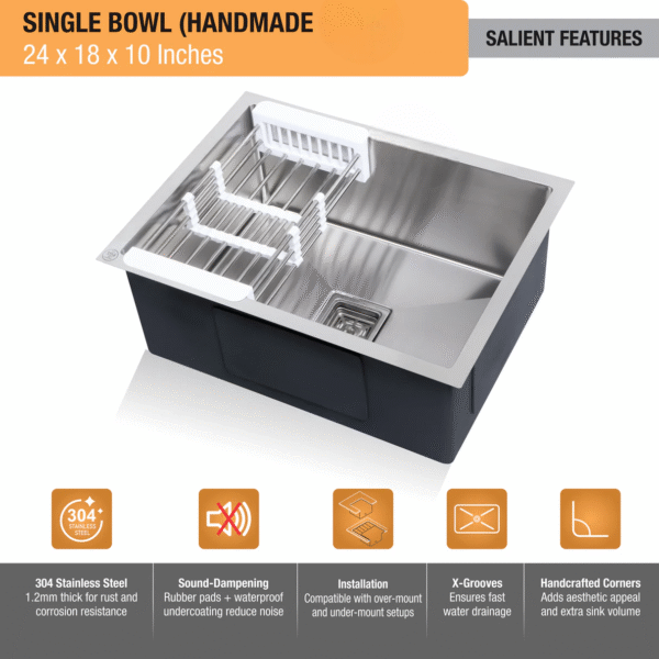 Handmade Single Bowl 304-Grade Kitchen Sink (24 x 18 x 10 Inches) - Image 4