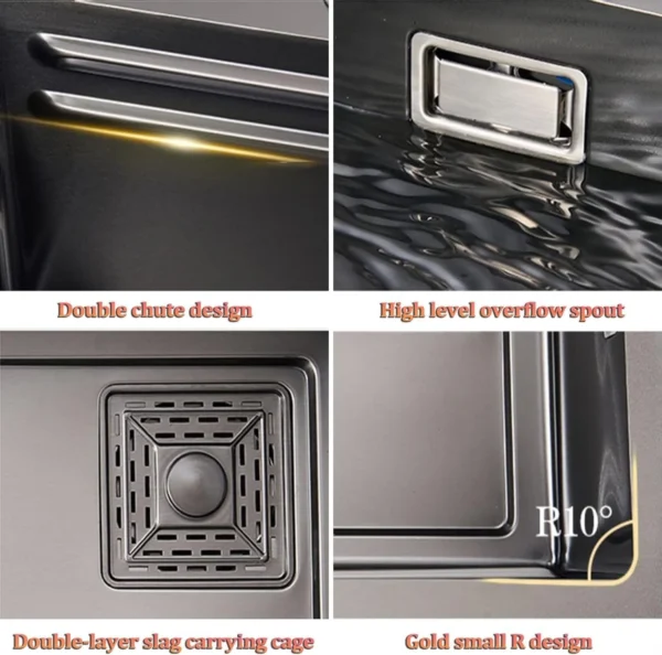 Black Nano Waterfall Kitchen Sink with Anti Scratch Honeycomb Design Integrated Waterfall, Pull-down Faucet with Purifier, Dustbin & Fruit Basket (37X18X9 Inches) - Image 4