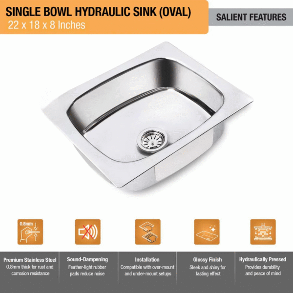 Oval Single Bowl Kitchen Sink (22 x 18 x 8 inches) - Image 3