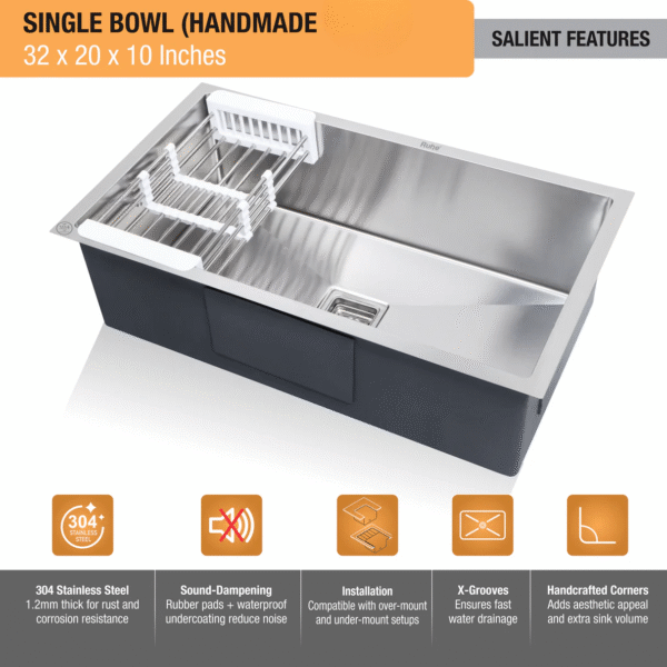Handmade Single Bowl  Kitchen Sink (32 x 20 x 10 Inches) - Image 4