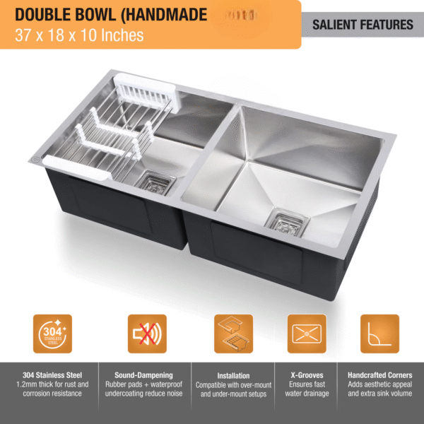 Handmade Double Bowl  Kitchen Sink (37 x 18 x 10 Inches) - Image 5