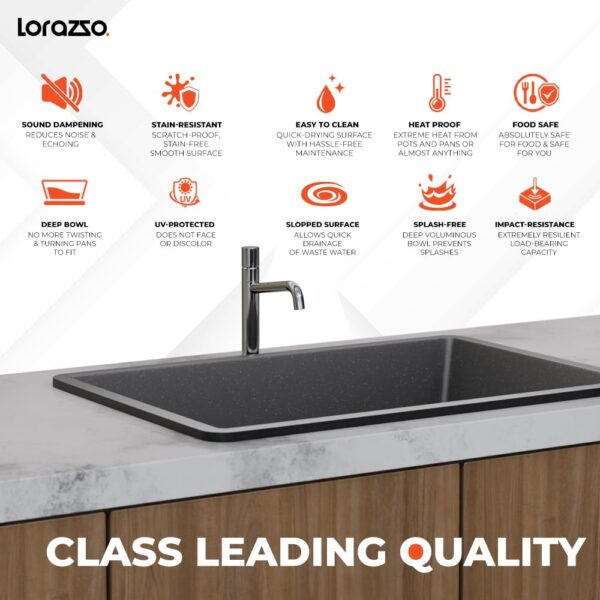 Lorazzo Quartz Kitchen Sink (MIDNIGHT BLACK)- Single Bowl | Quartz Sink for Kitchen 24X18 | with  Coupling, Rack & Waste Pipe | 10-Years Lorazzo Limited Warranty - Image 4