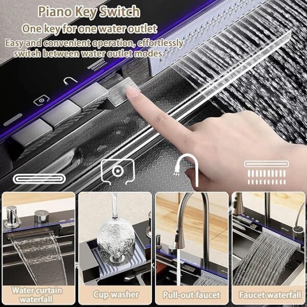 30 x 18 x 9 Fully Equipped Piano Kitchen Sink with Dual Flow Integrated Waterfall Pull-Down Faucets Stainless Steel Nano Black Finish Sink with LED Panel Digital Display - Image 2