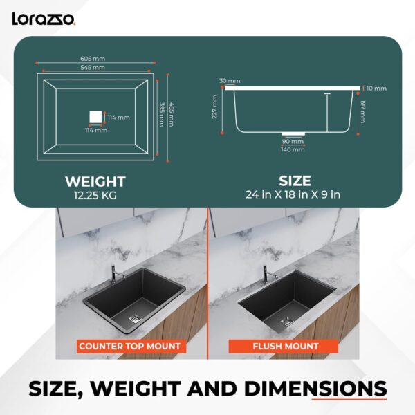 Lorazzo Quartz Kitchen Sink (MIDNIGHT BLACK)- Single Bowl | Quartz Sink for Kitchen 24X18 | with  Coupling, Rack & Waste Pipe | 10-Years Lorazzo Limited Warranty - Image 3