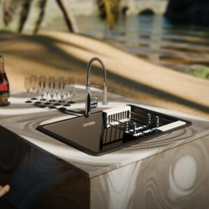 Lorazzo Quartz Kitchen Sink (MIDNIGHT BLACK)- Single Bowl | Quartz Sink for Kitchen 24X18 | with  Coupling, Rack & Waste Pipe | 10-Years Lorazzo Limited Warranty