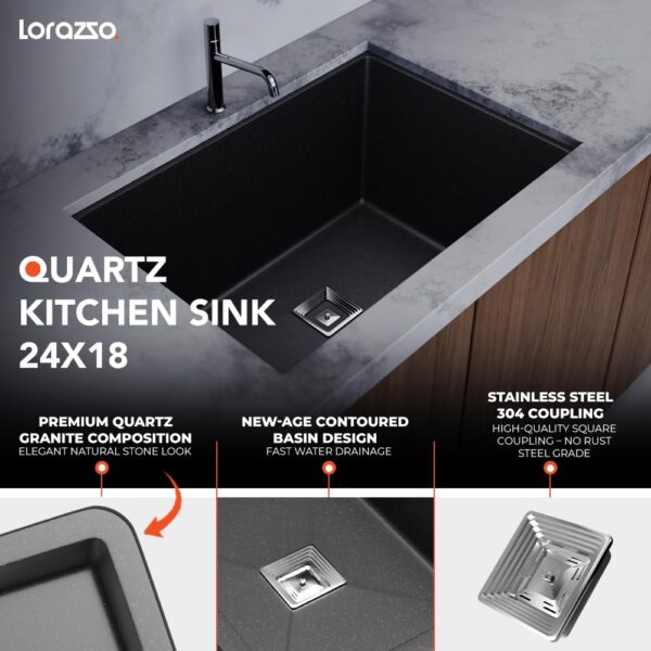 Lorazzo Quartz Kitchen Sink (MIDNIGHT BLACK)- Single Bowl | Quartz Sink for Kitchen 24X18 | with  Coupling, Rack & Waste Pipe | 10-Years Lorazzo Limited Warranty - Image 5