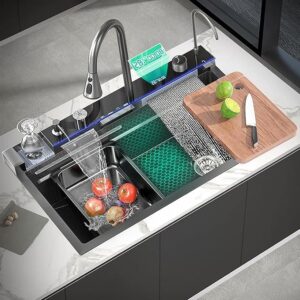 30 x 18 x 9 Fully Equipped Piano Kitchen Sink with Dual Flow Integrated Waterfall Pull-Down Faucets Stainless Steel Nano Black Finish Sink with LED Panel Digital Display