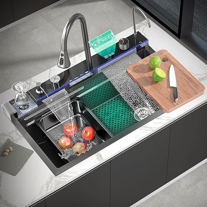 30 x 18 x 9 Fully Equipped Piano Kitchen Sink with Dual Flow Integrated Waterfall Pull-Down Faucets Stainless Steel Nano Black Finish Sink with LED Panel Digital Display