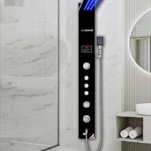 Stainless Steel  Shower Panel 6 in 1 Tower System With LED Rainfall Shower Body Massage Spray SS Handheld Shower Temperature Display Easy Connect Shower Panel. (Black)