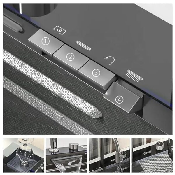 30 x 18 x 9 Fully Equipped Piano Kitchen Sink with Dual Flow Integrated Waterfall Pull-Down Faucets Stainless Steel Nano Black Finish Sink with LED Panel Digital Display - Image 8