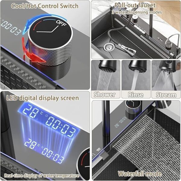 30 x 18 x 9 Fully Equipped Piano Kitchen Sink with Dual Flow Integrated Waterfall Pull-Down Faucets Stainless Steel Nano Black Finish Sink with LED Panel Digital Display - Image 3
