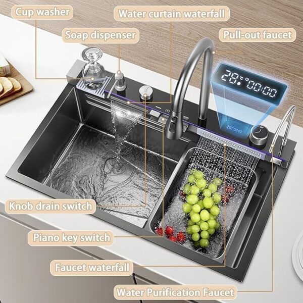 30 x 18 x 9 Fully Equipped Piano Kitchen Sink with Dual Flow Integrated Waterfall Pull-Down Faucets Stainless Steel Nano Black Finish Sink with LED Panel Digital Display - Image 9