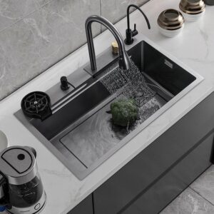 24 X 18 X 9 Waterfall Kitchen Sink Integrated Honeycomb Design  With Black Matt Finish Single Bowl Multifunctional Sink For Kitchen