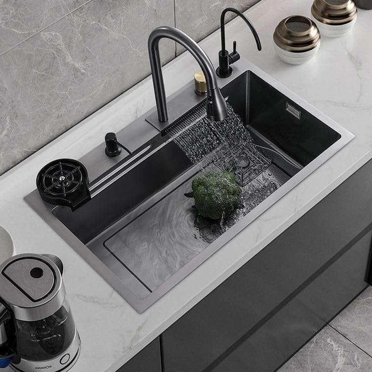 24 X 18 X 9 Waterfall Kitchen Sink Integrated Honeycomb Design  With Black Matt Finish Single Bowl Multifunctional Sink For Kitchen