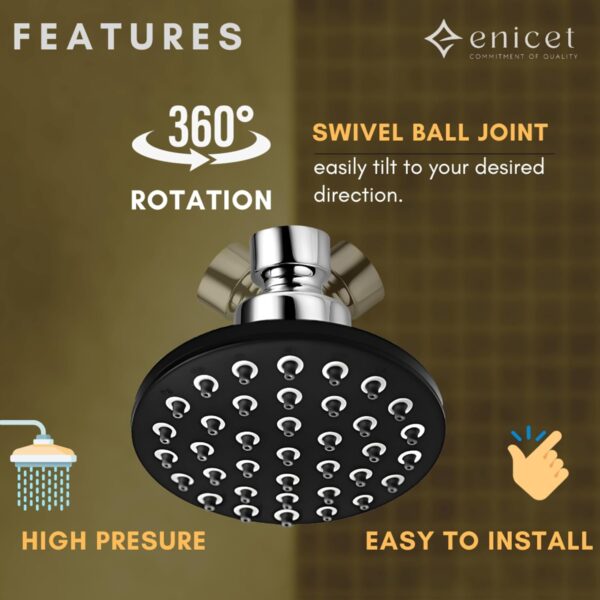 ENICET 4 Inch Rain Flow Shower Head for Bathroom, Durable ABS Plastic, Black Overhead Shower, Without Arm, Soft Rubber Nozzles, Round Shower, 1 Year Warranty (AE150) - Image 2
