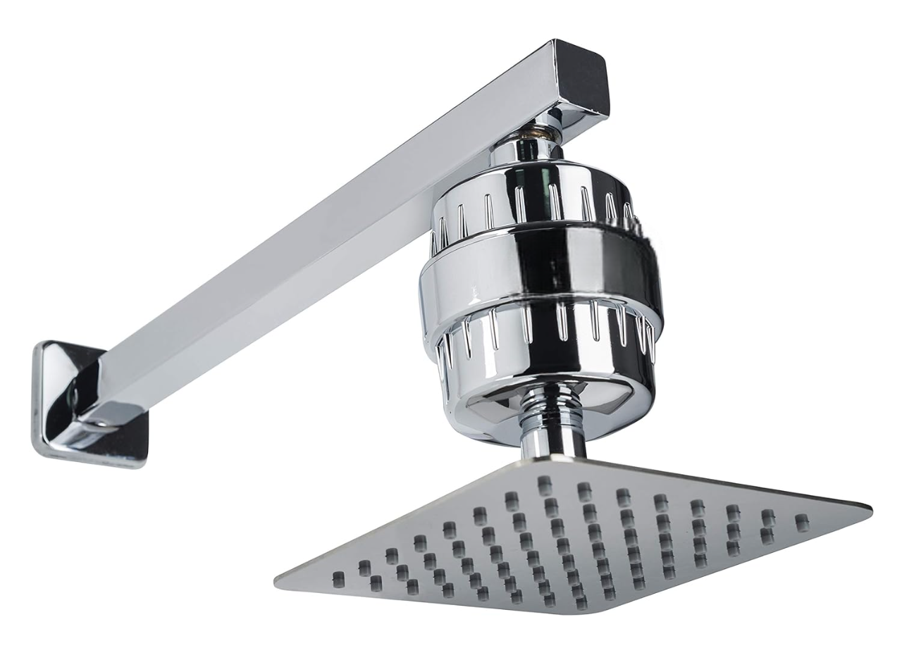 Rain-Shower Set, 6 Inch x 6 Inch rain shower with shower arm 15 inch and SF-15 Shower filter for hard water | Water softener for bathroom (SS304, ABS, Chrome)