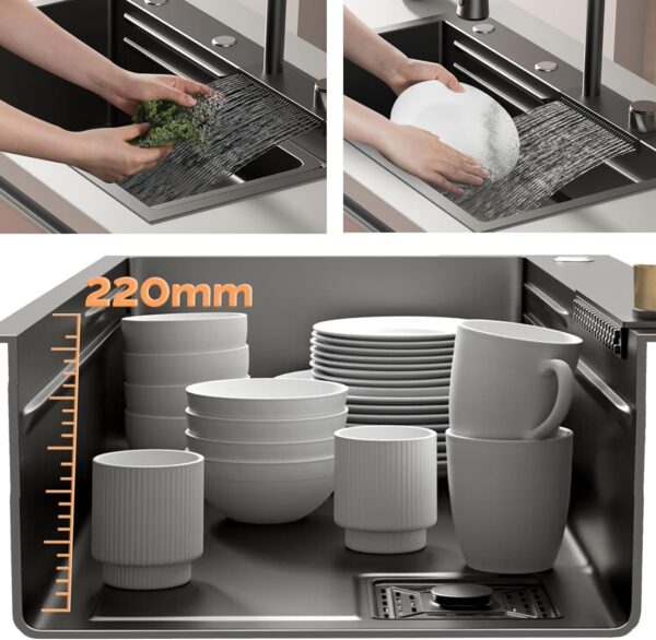 30 x18 x 9 inch Kitchen Sink with ANTI SCRATCH HONEYCOMB DESIGN Integrated Waterfall and Pull-down Faucet Set/Stainless Steel Basin Sinks with Cup washer and Drain Baskets - Image 8