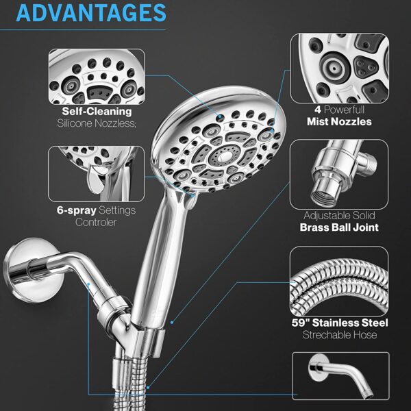 SHR20975 ABS Chrome Finish 6-Function 5 inch Shower Head with 1.5 Meter Hose Pipe, Arm and Adjustable Bracket (Silver) Visit the ALTON Store - Image 2