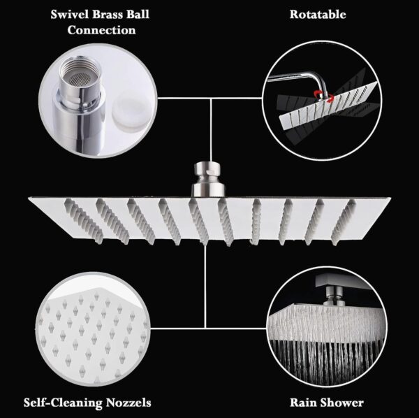 Stainless Steel Heavy duty Trident Square Overhead Shower 4x4 inches rain shower head for bathroom Without Arm, Chrome, Polished Finish - Image 5