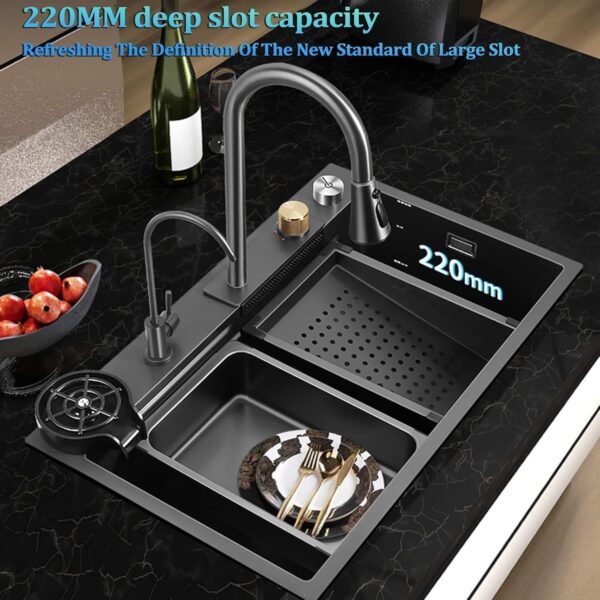 30 x18 x 9 inch Kitchen Sink with ANTI SCRATCH HONEYCOMB DESIGN Integrated Waterfall and Pull-down Faucet Set/Stainless Steel Basin Sinks with Cup washer and Drain Baskets - Image 6